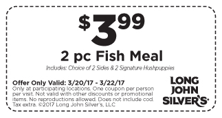 Long John Silvers Coupon March 2024 2pc fish + 2 sides + 2 hushpuppies = $4 at Long John Silvers restaurants