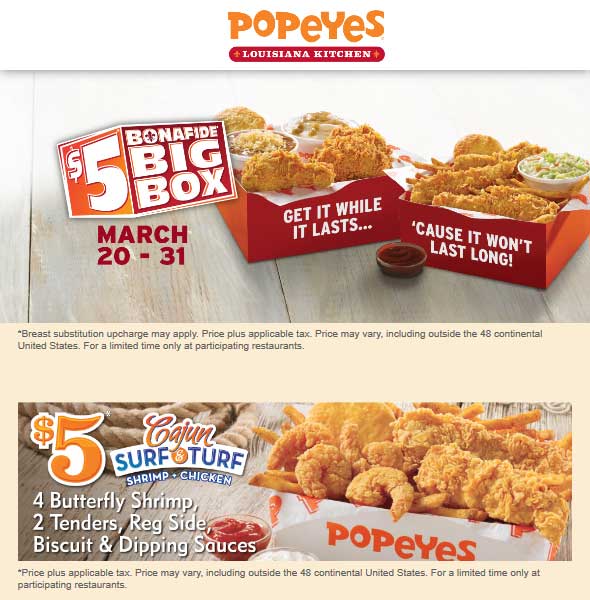 Popeyes Coupon April 2024 Big box meal for $5 bucks at Popeyes