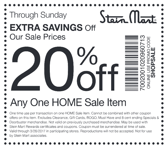 Stein Mart Coupon April 2024 Extra 20% off a single home sale item at Stein Mart, or online via promo code SHOPSALE