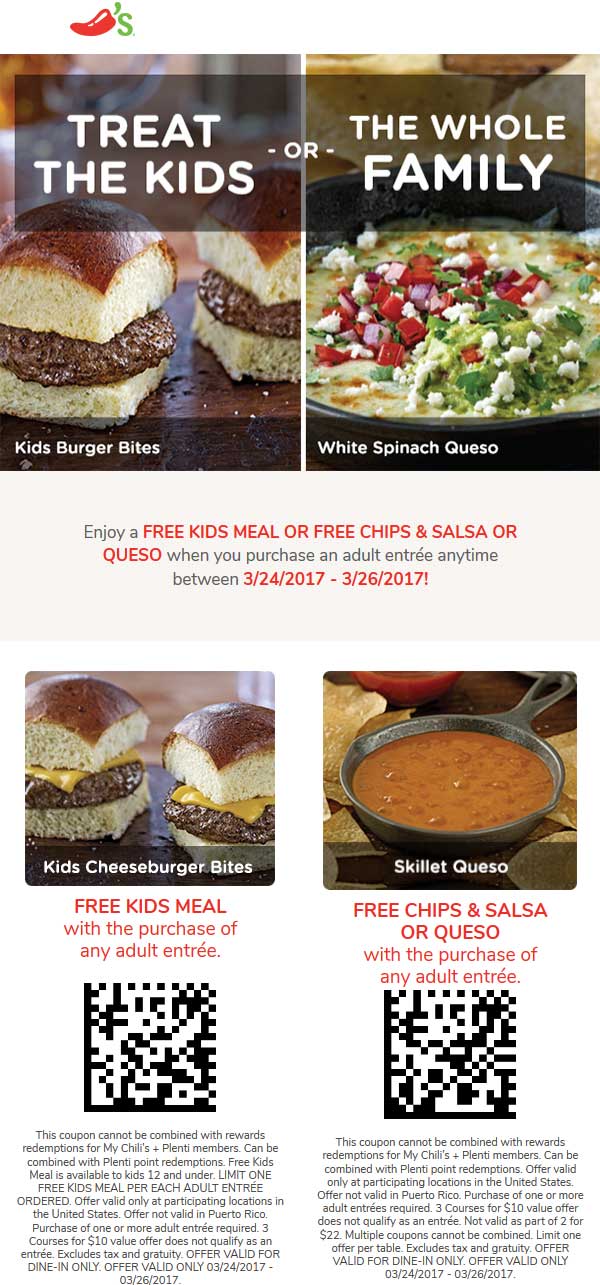 Chilis Coupon April 2024 Free chips & queso or kids meal with your entree at Chilis