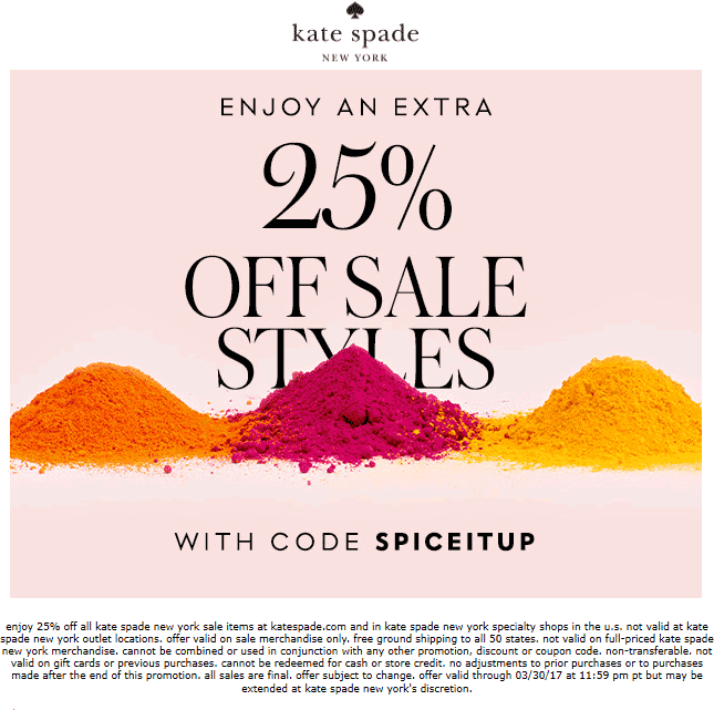 Kate Spade Coupon March 2024 25% off at Kate Spade, or online via promo code SPICEITUP