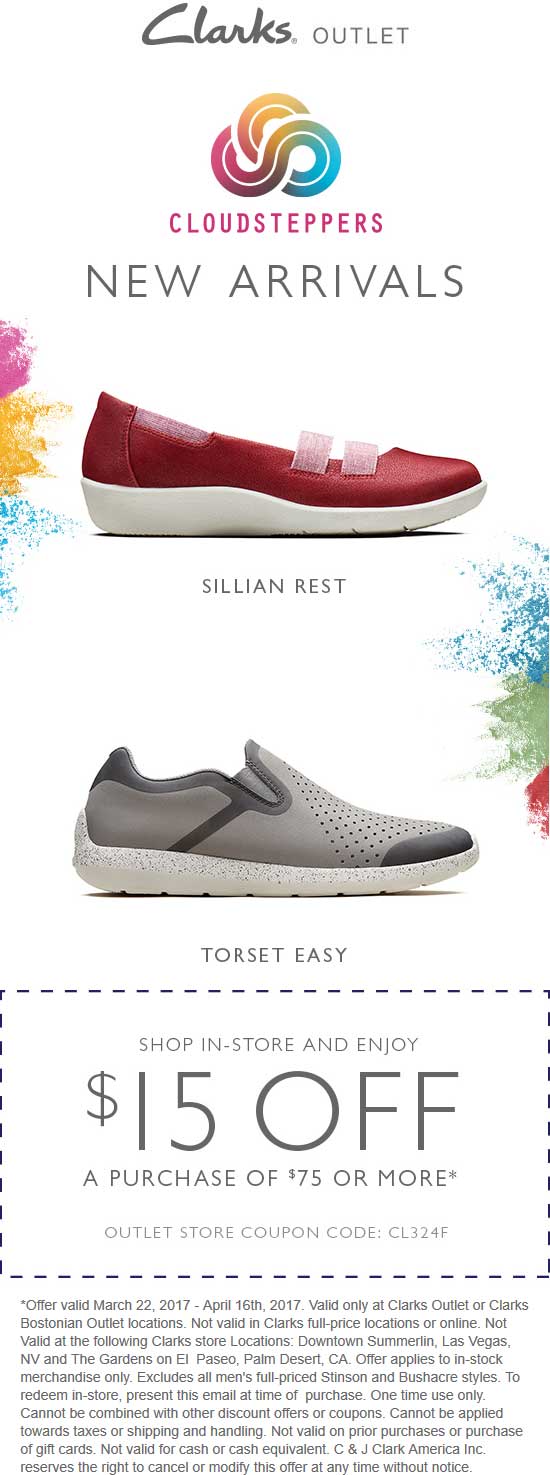 Clarks Outlet Coupon March 2024 $15 off $75 at Clarks Outlet