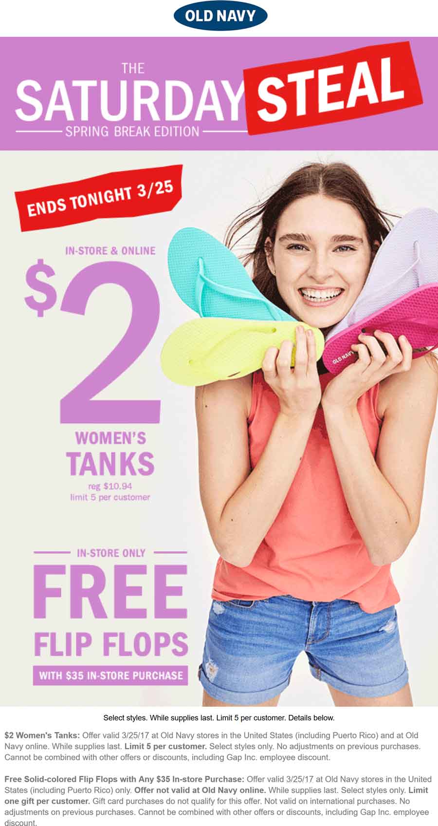 Old Navy Coupon April 2024 $2 tank tops today at Old Navy, also free flip flops on $35 spent