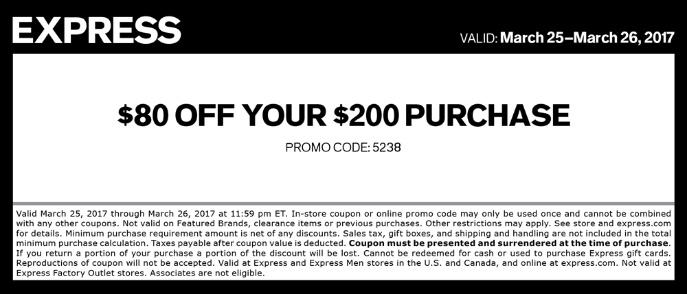 Express Coupon April 2024 $80 off $200 today at Express, or online via promo code 5238