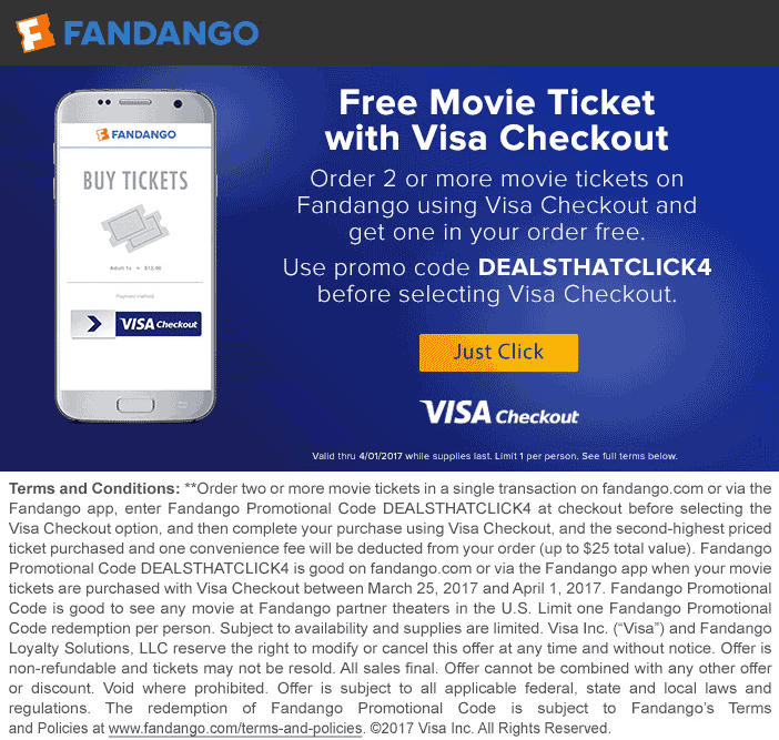 Fandango Coupon March 2024 Second movie ticket free via Checkout at Fandango with promo code DEALSTHATCLICK4