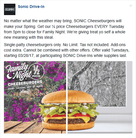 Sonic Drive-In Coupon April 2024 50% off cheeseburgers after 5p Tuesdays at Sonic Drive-In