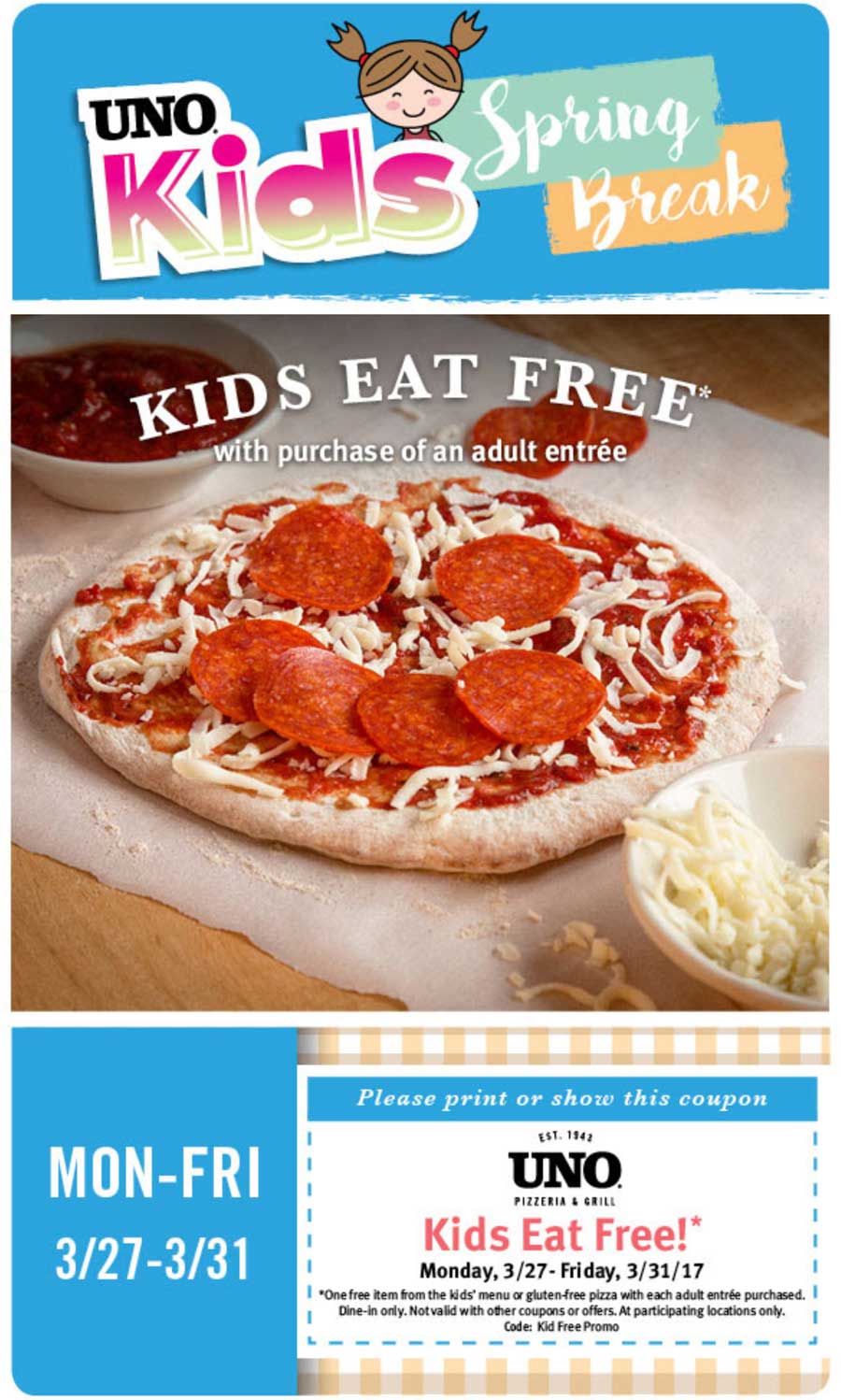 Uno Pizzeria Coupon April 2024 Kids eat free with your entree this week at Uno Pizzeria