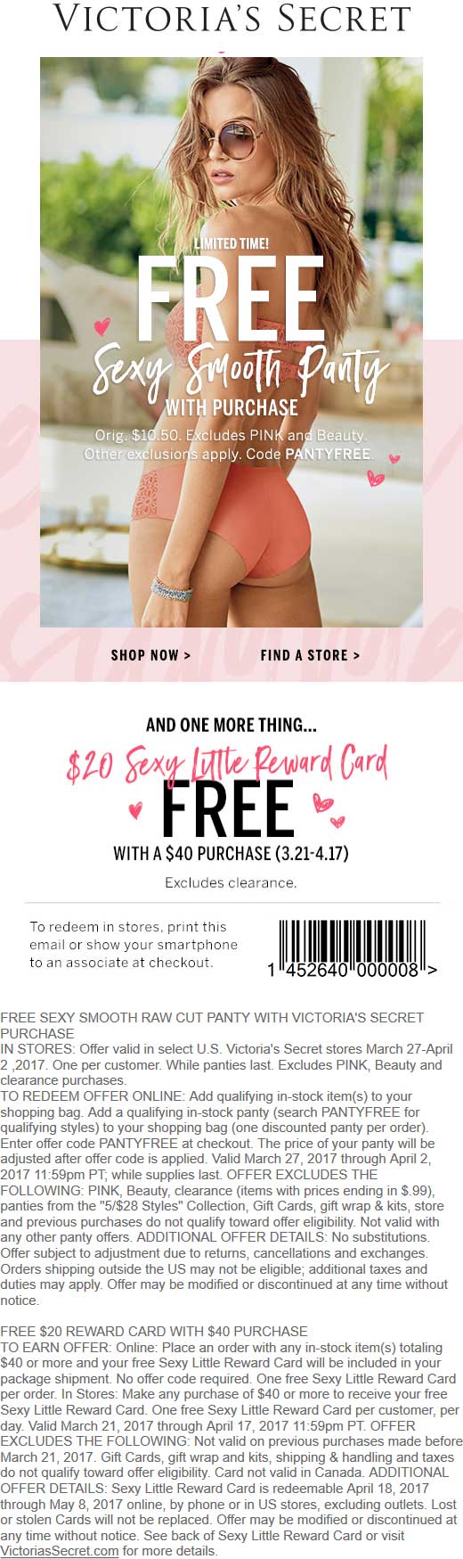 Victorias Secret Coupon April 2024 $10 panty free with any purchase + $20 reward card on $40 spent at Victorias Secret, or online via promo code PANTYFREE