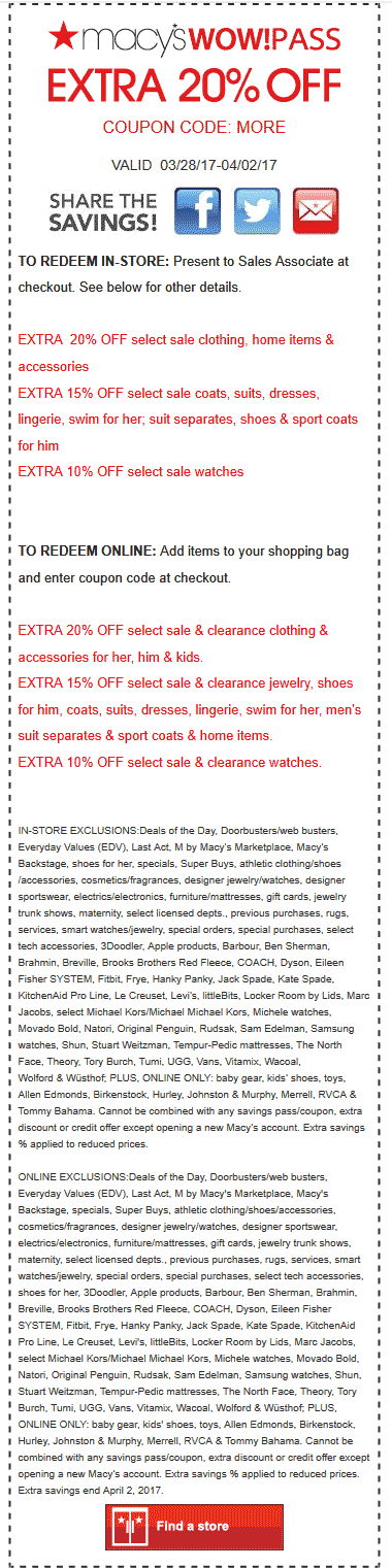 Macys Coupon April 2024 Extra 20% off at Macys, or online via promo code MORE