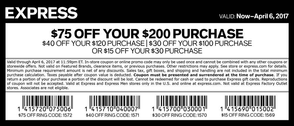 Express Coupon April 2024 $15 off $30 & more at Express, or online via promo code 1569