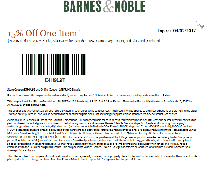 Barnes & Noble Coupon April 2024 15% off a single item at Barnes & Noble, or online via promo code 15SPRING