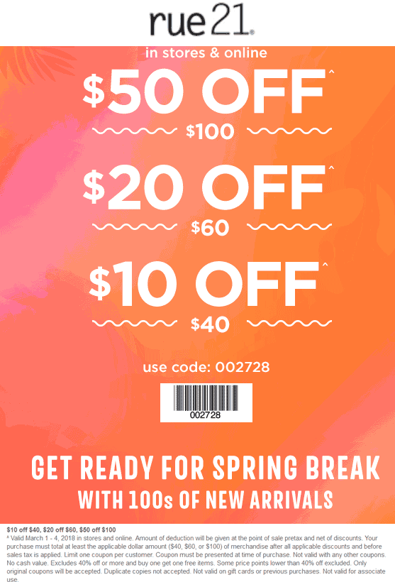 Rue21 Coupon May 2024 $10 off $40 & more at rue21, or online via promo code 002728