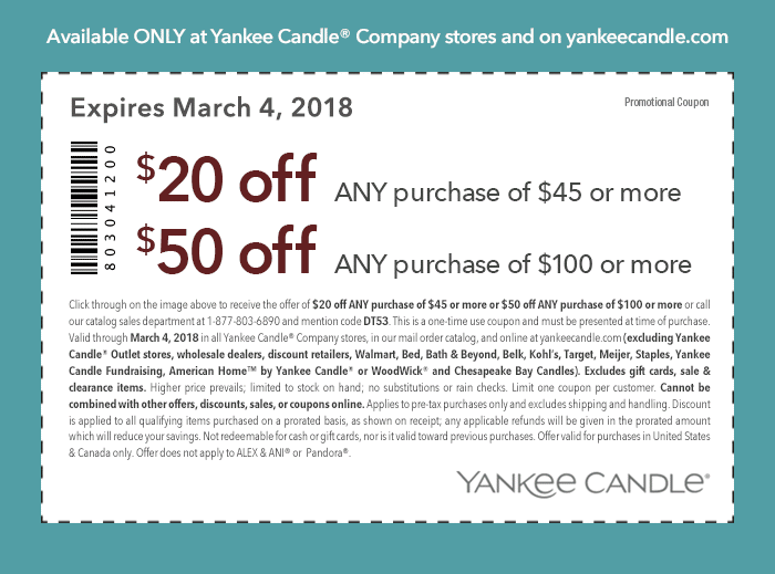 Yankee Candle Coupon March 2024 $20 off $45 & more at Yankee Candle, or online via promo code DT53