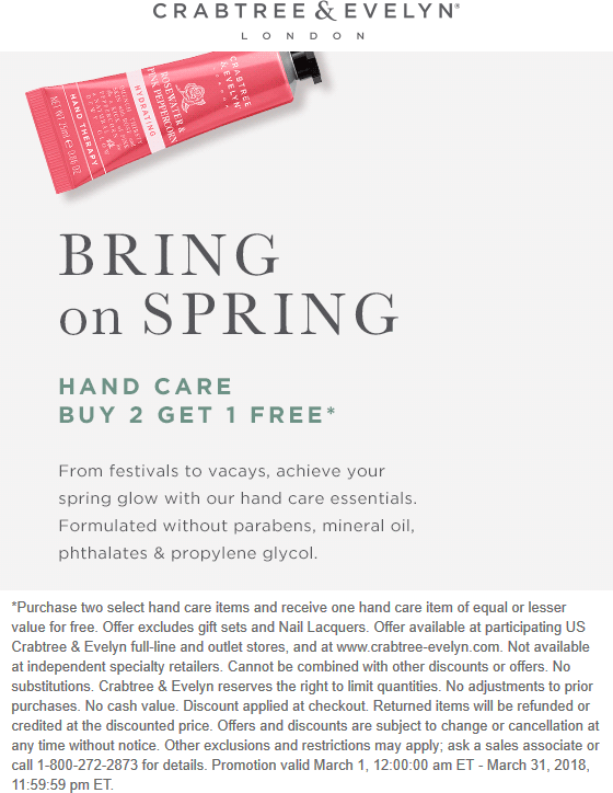 Crabtree & Evelyn Coupon April 2024 3rd hand care free at Crabtree & Evelyn, ditto online