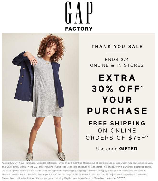 Gap Factory Coupon April 2024 Extra 30% off at Gap Factory, or online via promo code GIFTED