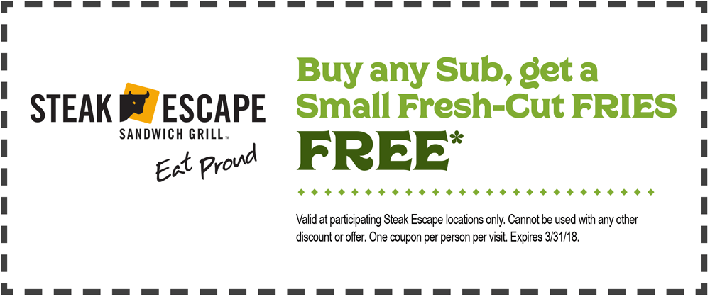 Steak Escape Coupon April 2024 Free fries with your sub sandwich at Steak Escape