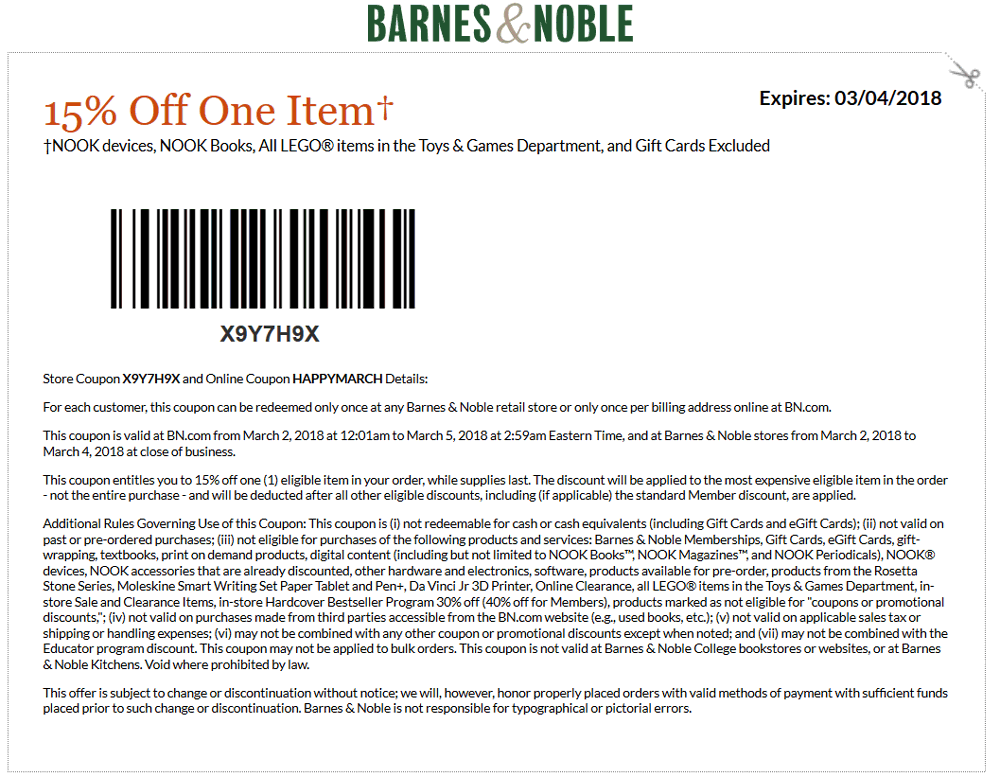 Barnes & Noble Coupon April 2024 15% off a single item at Barnes & Noble, or online via promo code HAPPYMARCH