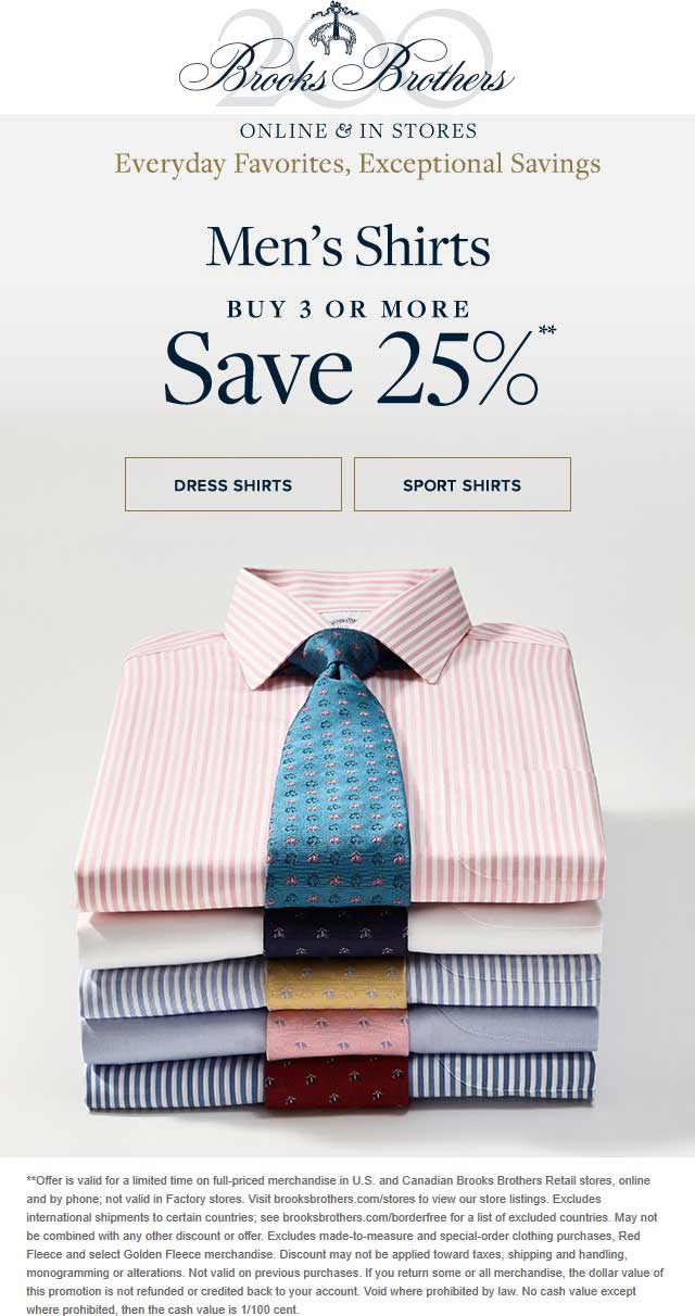 Brooks Brothers Coupon April 2024 25% off 3+ shirts at Brooks Brothers, ditto online