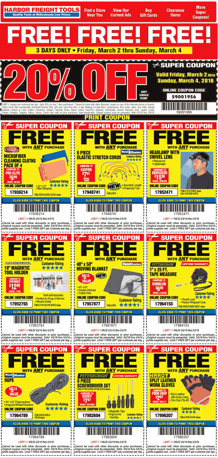 Harbor Freight Tools Coupon April 2024 20% off a single item & more at Harbor Freight Tools, or online via promo code 59001956