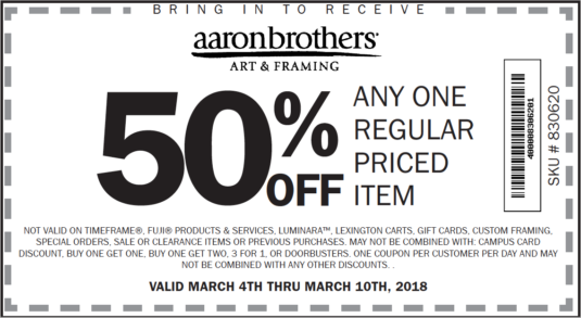 Aaron Brothers Coupon April 2024 50% off a single item at Aaron Brothers