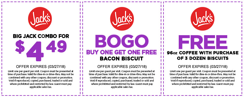 Jacks restaurant Coupon April 2024 Second bacon biscuit free & more at Jacks restaurants