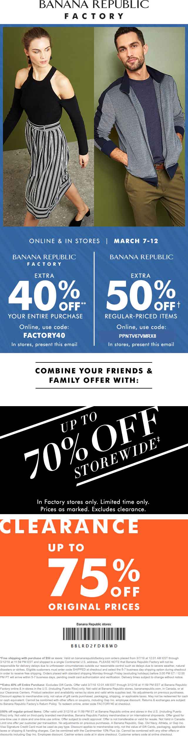 Banana Republic Coupon April 2024 40-50% off everything at Banana Republic & factory locations, or online via promo code PPNTV67VMRX8