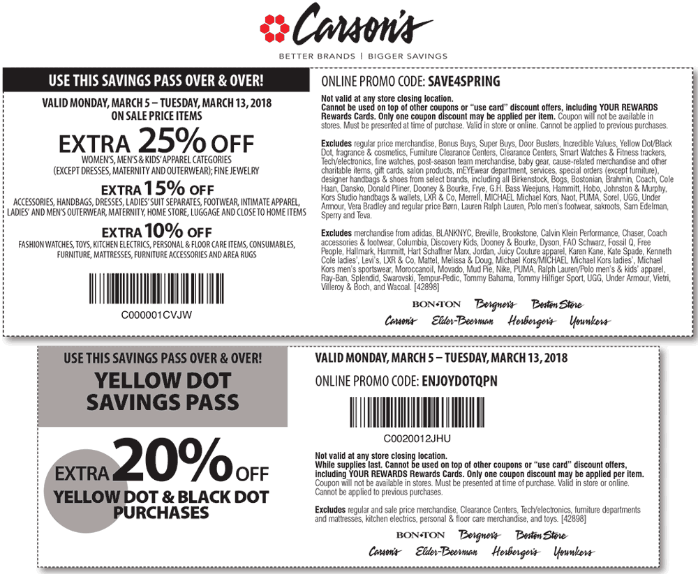 Carsons Coupon March 2024 Extra 25% off at Carsons, Bon Ton & sister stores, or online via promo code SAVE4SPRING
