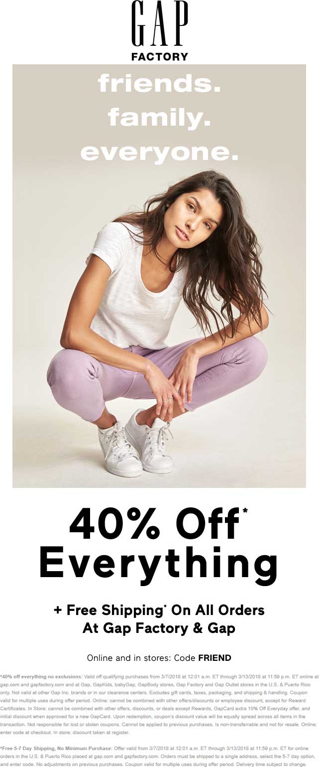 Gap Factory Coupon April 2024 40% off everything at Gap Factory, or online via promo code FRIEND