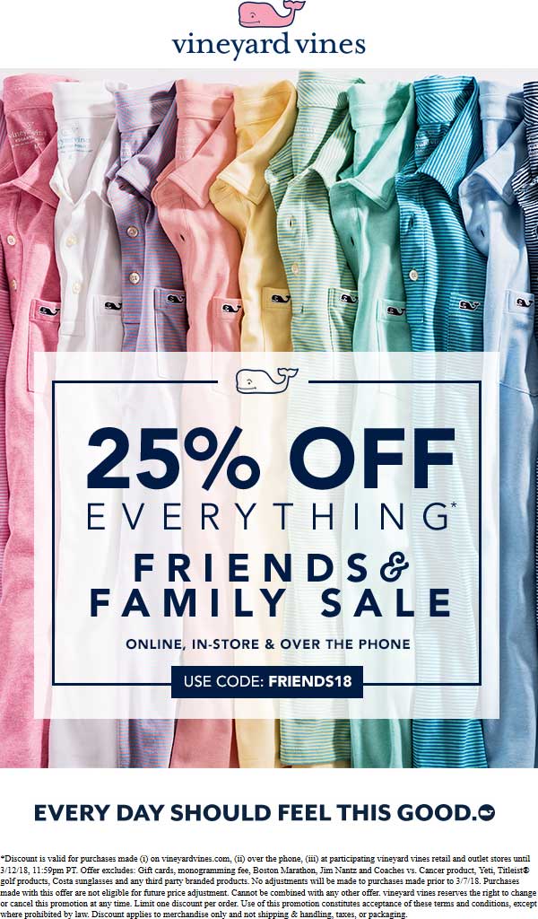 Vineyard Vines Coupon April 2024 25% off at Vineyard Vines, or online via promo code FRIENDS18