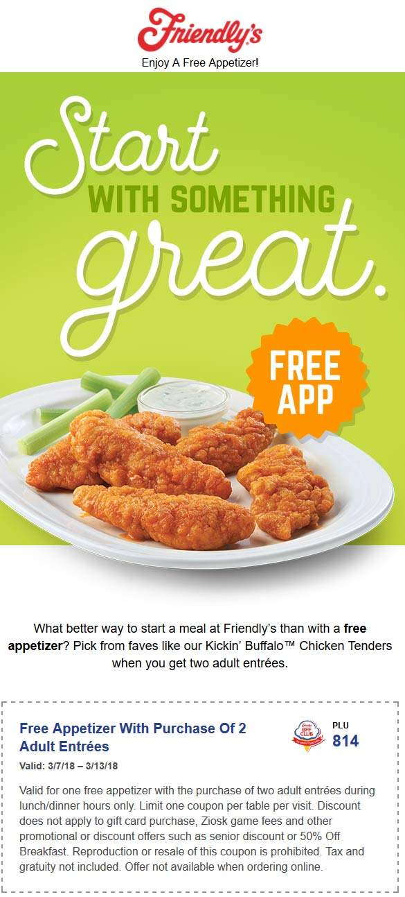 Friendlys Coupon March 2024 Free appetizer with your entrees at Friendlys restaurants