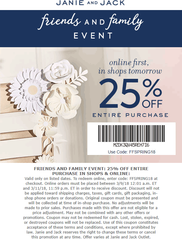 Janie and Jack Coupon March 2024 25% off at Janie and Jack, or online via promo code FFSPRING18
