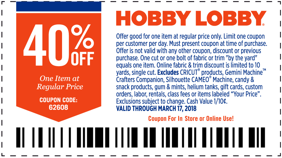 Hobby Lobby Coupon April 2024 40% off a single item at Hobby Lobby, or online via promo code 62608