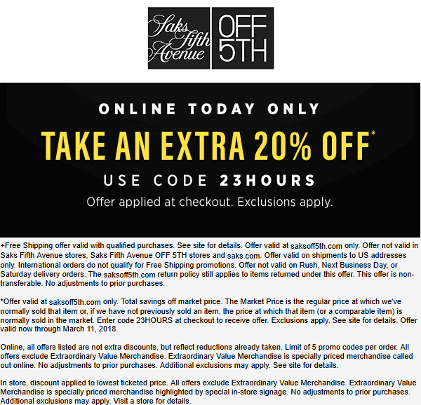 OFF 5TH Coupon April 2024 Extra 20% off online today at OFF 5TH via promo code 23HOURS