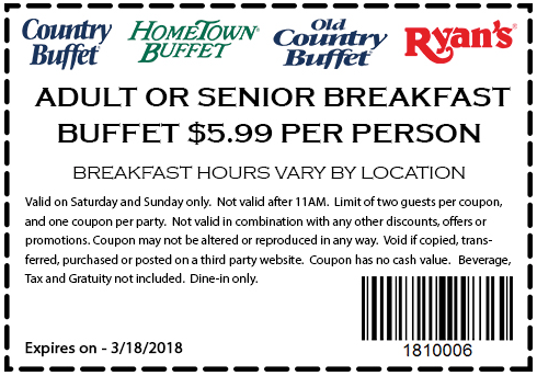 Old Country Buffet Coupon April 2024 $6 bottomless breakfast at Ryans, HomeTown Buffet & Old Country Buffet