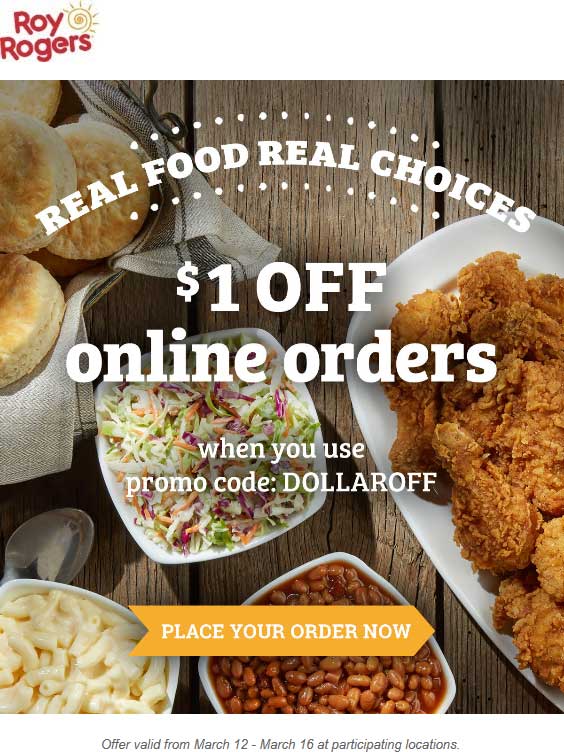 Roy Rogers Coupon April 2024 Shave a buck off online orders at Roy Rogers via promo code DOLLAROFF