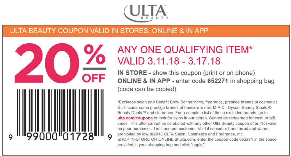 Ulta Beauty Coupon March 2024 20% off at Ulta Beauty, or online via promo code 652271