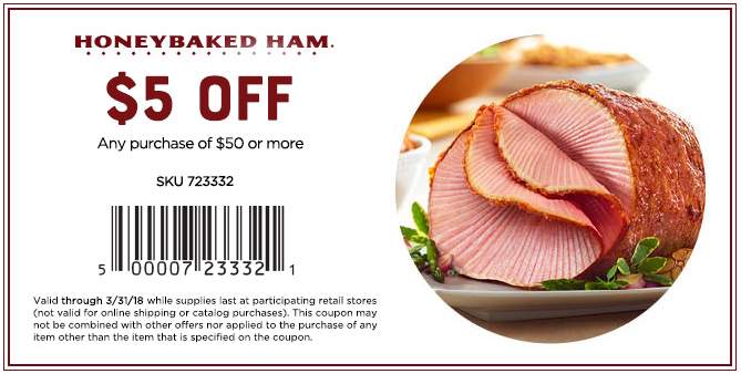 HoneyBaked Coupon March 2024 $5 off $50 at HoneyBaked Ham restaurants
