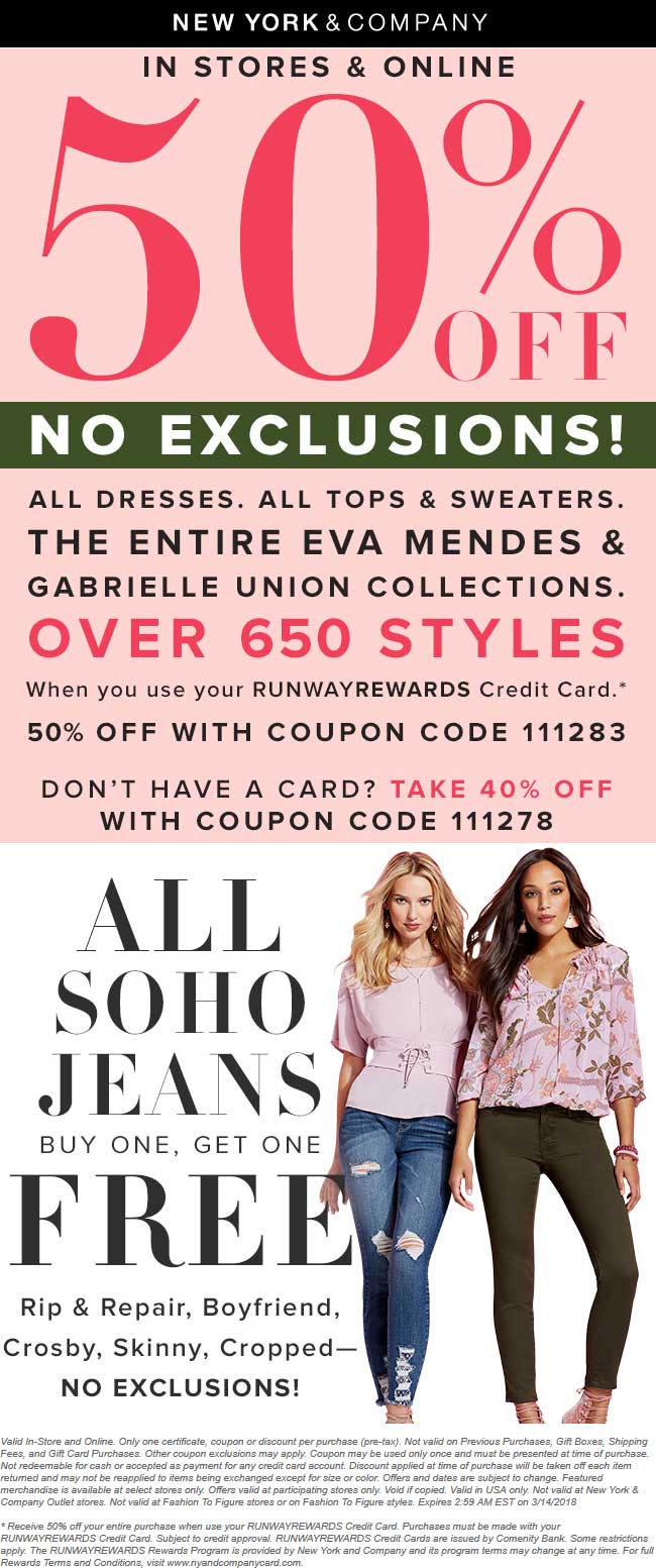 New York & Company Coupon April 2024 40-50% off everything today at New York & Company, or online via promo code 111278
