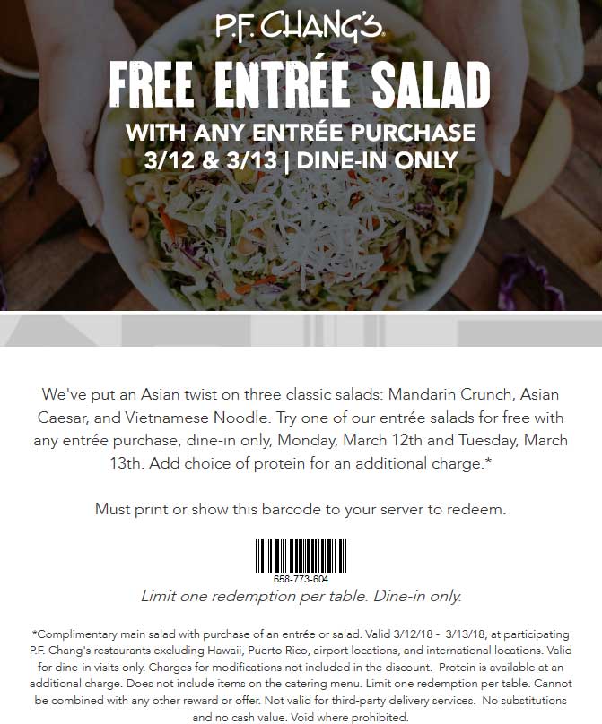 P.F. Changs Coupon April 2024 Free entree salad with your entree today at P.F. Changs