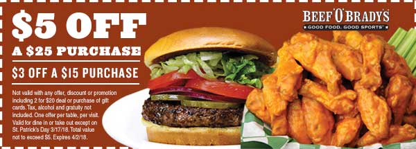 Beef OBradys Coupon April 2024 $3 off $15 & more at Beef OBradys restaurants