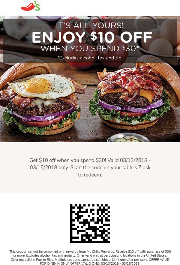 Chilis Coupon March 2024 $10 off $30 at Chilis restaurants