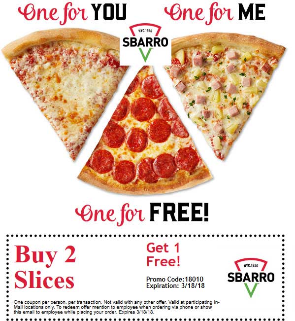 Sbarro Coupon April 2024 3rd slice free at Sbarro pizza