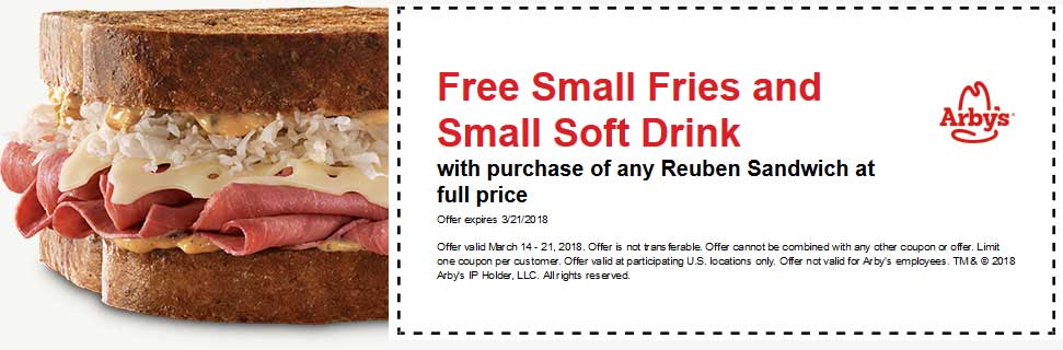 Arbys Coupon March 2024 Free fries & drink with your Reuben sandwich at Arbys