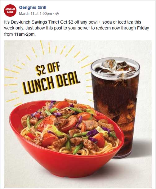 Genghis Grill Coupon April 2024 $2 off your bowl meal lunch at Genghis Grill