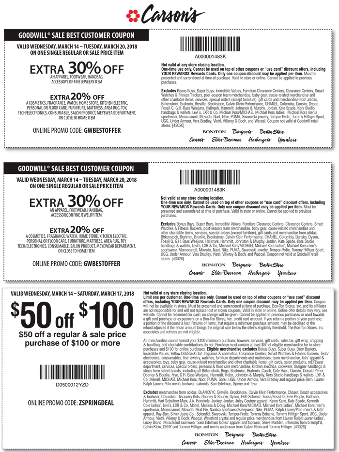 Carsons Coupon May 2024 $50 off $100 & more at Carsons, Bon Ton & sister stores, or online via promo code ZSPRINGDEAL