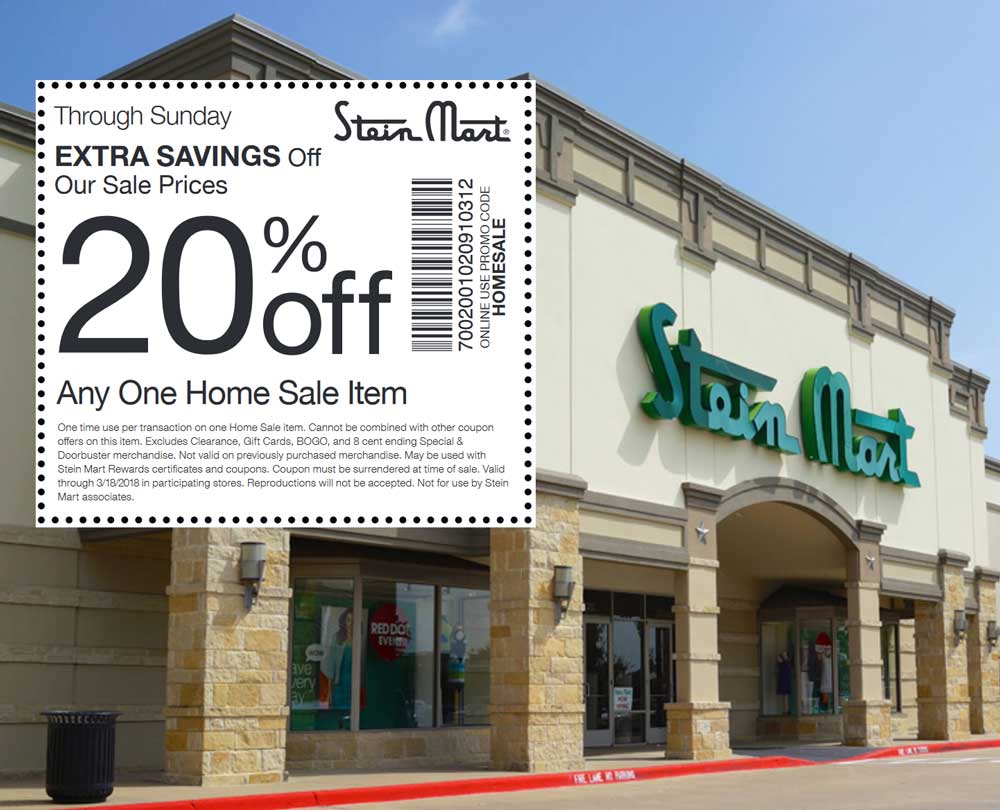 Stein Mart Coupon March 2024 Extra 20% off a single home item at Stein Mart, or online via promo code HOMESALE