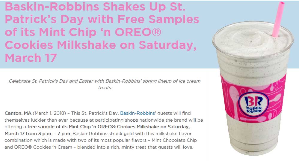 Baskin Robbins Coupon April 2024 OREO mint chip milkshake samples free today at Baskin Robbins