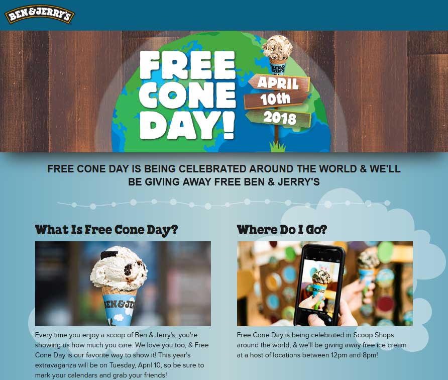 Ben & Jerrys Coupon April 2024 Free ice cream cone day the 10th at Ben & Jerrys