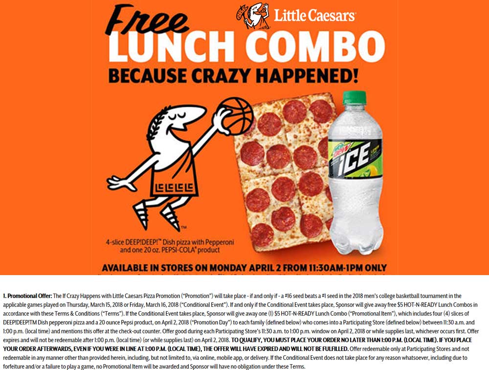 Little Caesars Coupon April 2024 Free lunch combo the 2nd at Little Caesars pizza