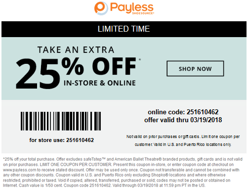 Payless Shoesource Coupon May 2024 Extra 25% off at Payless Shoesource, or online via promo code 251610462